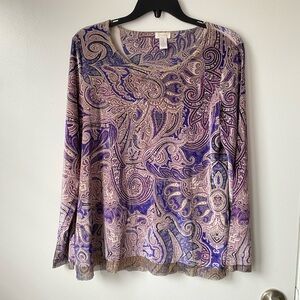 Chico's Velvet Purple and Cream Paisley Long Sleeve Top Boho Whimsycal